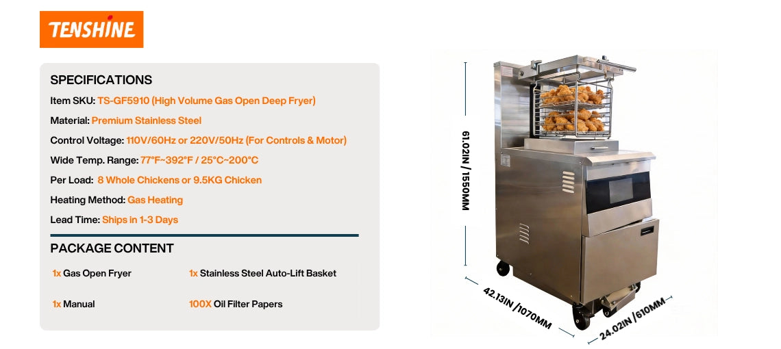 Dimensional breakdown and package contents for the Tenshine TS-GF5910 high-volume gas open deep fryer, including auto-lift basket and oil filter papers.