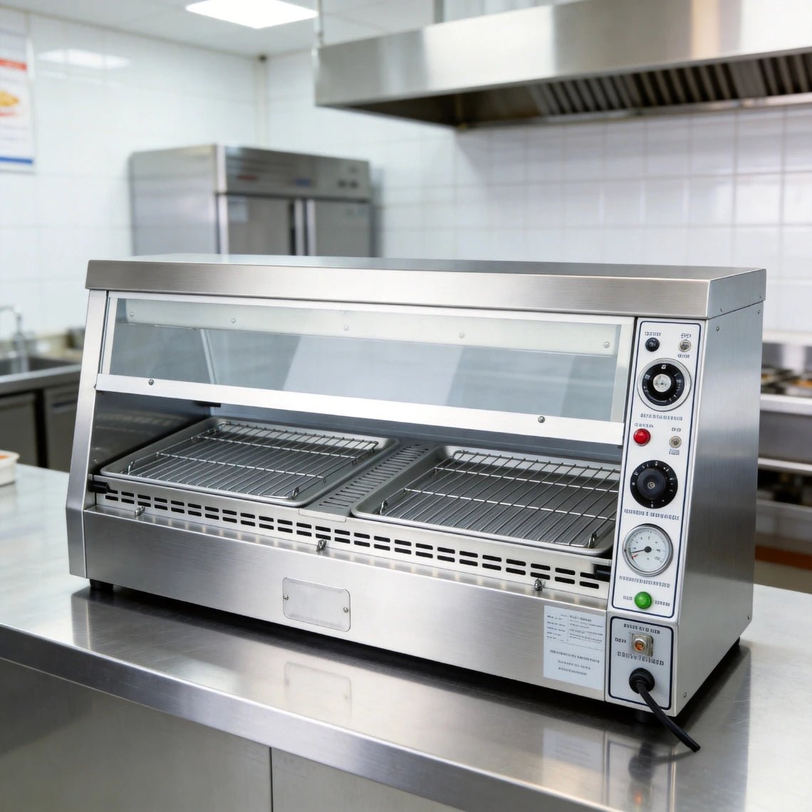 Compact 2-tray commercial heated food display cabinet perfectly positioned on a stainless steel restaurant prep counter.