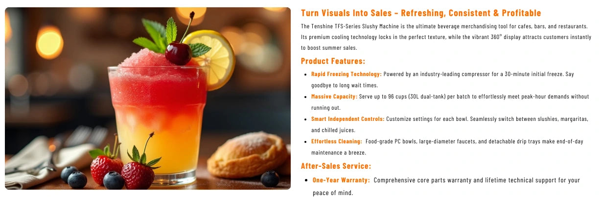 Product description for Tenshine slushy machine showing a refreshing slushy drink. Features include rapid freezing technology, massive capacity, smart controls, and effortless cleaning with a one-year warranty.