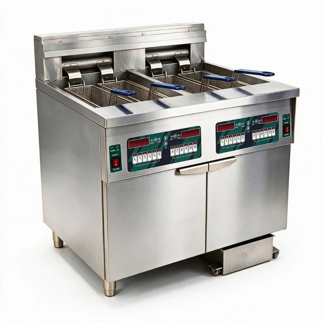 45-degree view of twin tank electric floor fryer with stainless steel baskets.