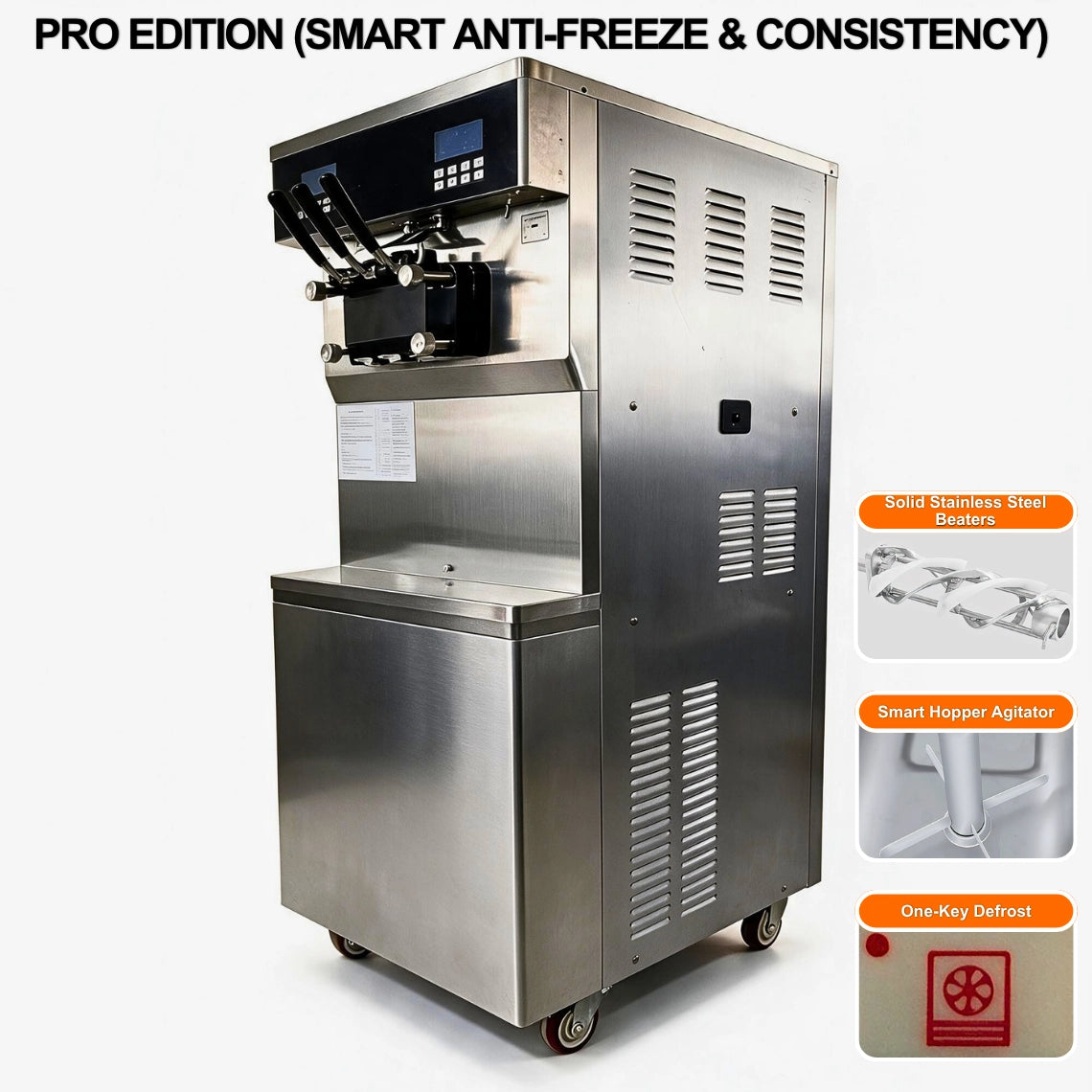 Pro Edition of the two flavor soft serve ice cream machine upgraded with solid stainless steel beaters, smart hopper agitators, and one-key defrost technology.