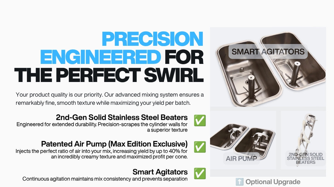 Optional upgrades for the two flavor soft serve machine including smart agitators, patented air pump, and solid stainless steel beaters.