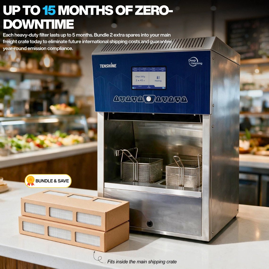Ventless deep fryer Pro Bundle including 2 extra replacement filters, guaranteeing up to 15 months of zero-downtime operation and emission compliance.