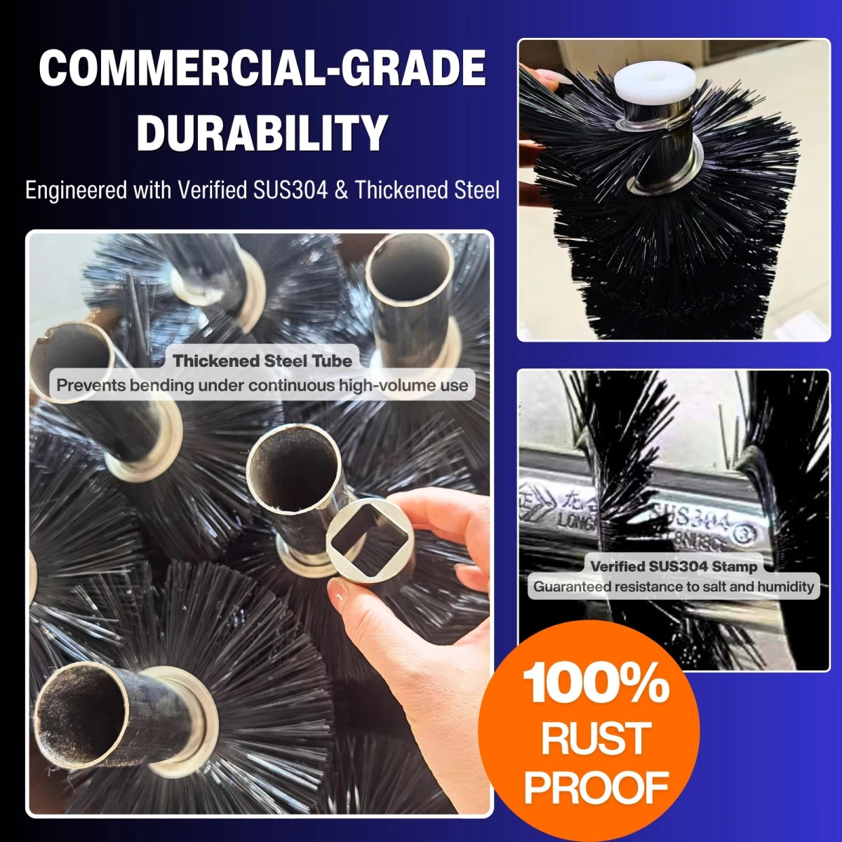 Close-up details of the Tenshine heavy-duty sifter core, highlighting the verified SUS304 stamp for 100 percent rust proof durability and thickened steel tubes.