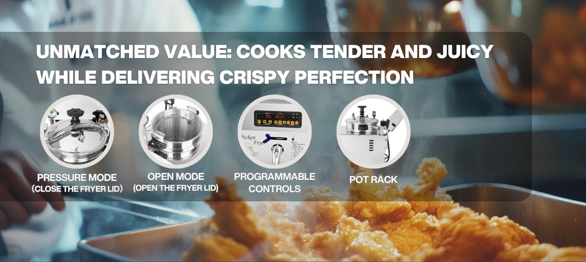 Versatile cooking modes of the commercial electric pressure fryer, showcasing pressure mode, open frying mode, programmable controls, and pot rack for crispy perfection
