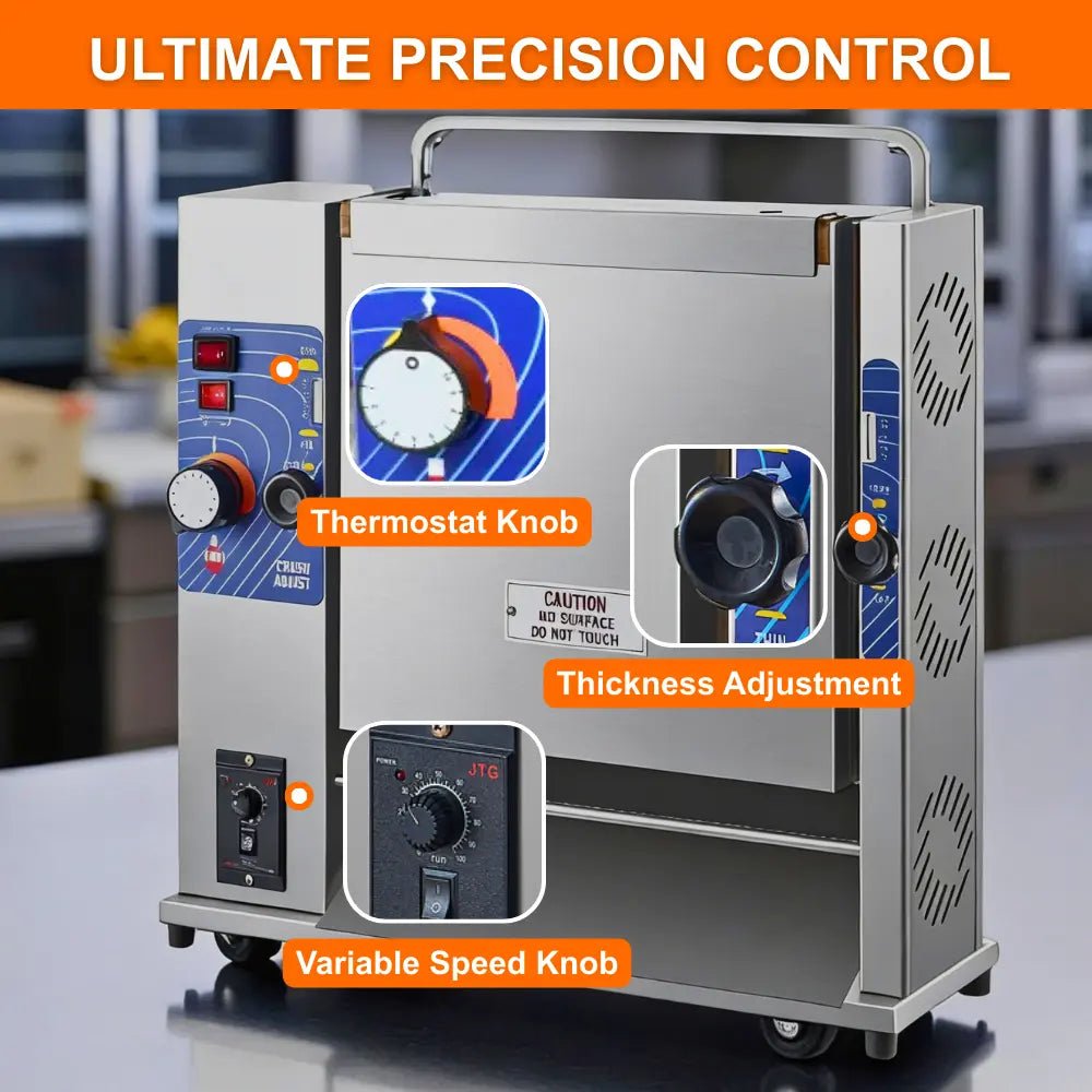 Detailed control panel of the vertical bun toaster featuring thermostat, thickness adjustment, and variable speed knobs.