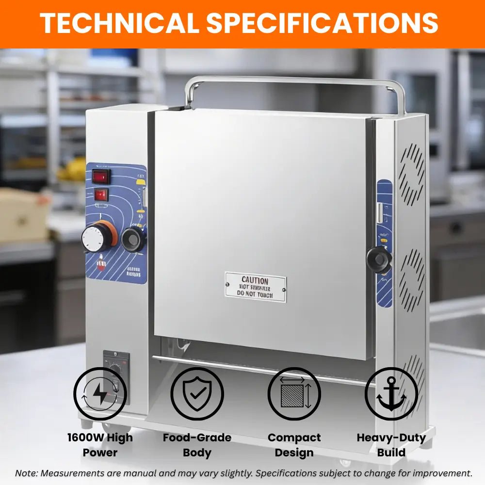 Technical specifications of the 1700W vertical contact toaster, highlighting high power and food-grade stainless steel build.