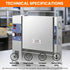 Technical specifications of the 1700W vertical contact toaster, highlighting high power and food-grade stainless steel build.