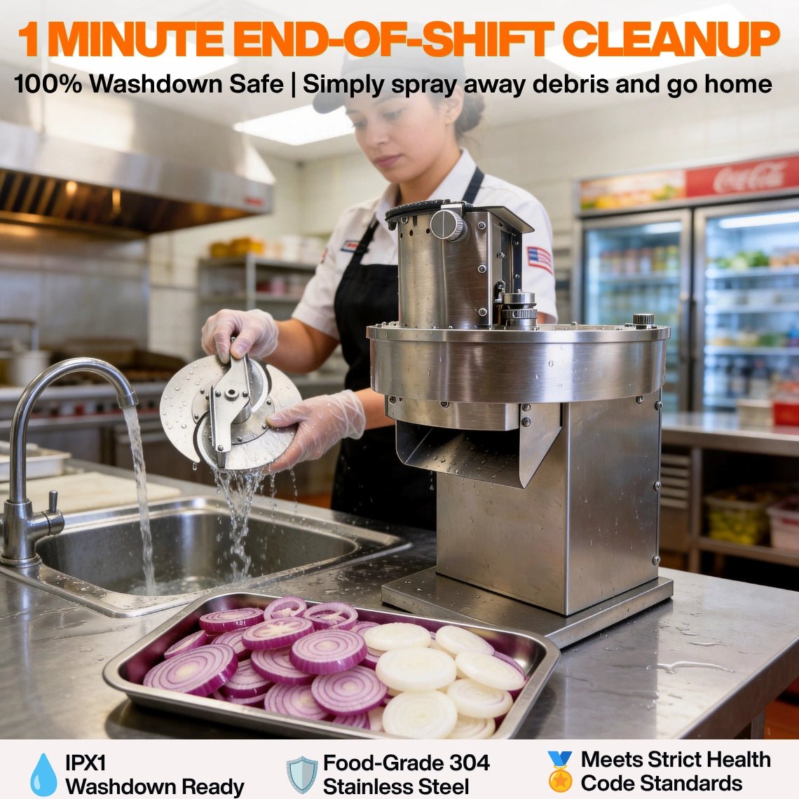 Restaurant employee washing the cutter head of the IPX1 washdown ready commercial onion slicer in a sink for a fast 1-minute end-of-shift cleanup to meet strict health code standards.