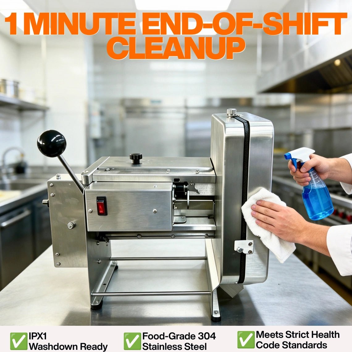 Chef easily cleaning the IPX1 washdown-ready french fry cutter crinkle cut machine with commercial sanitizer at the end of a shift.