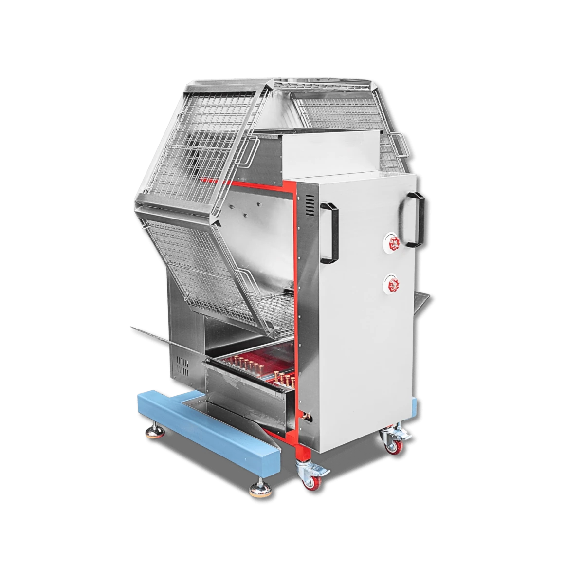Interior view of the dual-fuel heating system, featuring high-efficiency gas burners and a bottom tray for authentic wood-fired chicken rotisserie flavor.