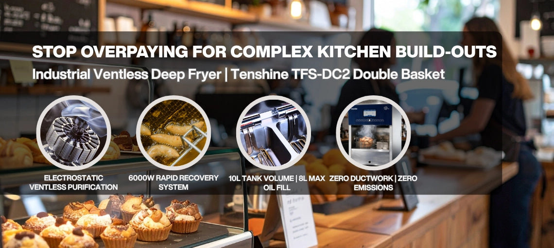 Stop overpaying for complex kitchen build-outs with the Tenshine TFS-DC2 industrial ventless deep fryer. Features zero ductwork and zero emissions.